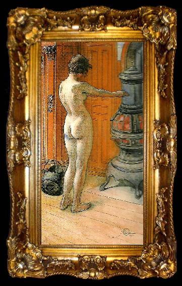 framed  Carl Larsson leontine staende , naken rygg- naken flicka framfor kamin- framfor kaminen, ta009-2